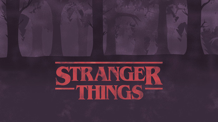cartoon image of dark forest landscape, stranger things desktop wallpaper, title of the show written in red