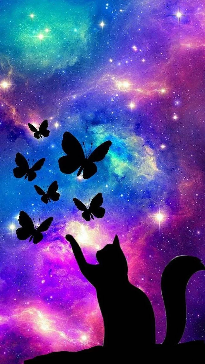 silhouette of a cat playing with butterflies, space wallpaper hd, colorful background with lots of stars