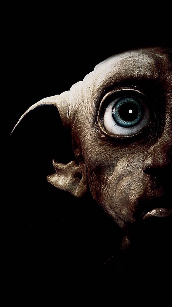 close up of half of dobby's face, hogwarts wallpaper, black background