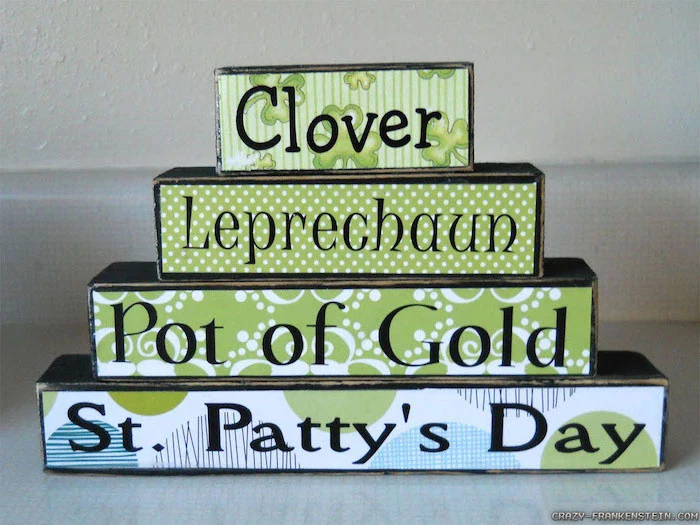 clover and leprechaun, pot of gold, st patty's day, written on wooden blocks, stacked together, st patricks day wreath