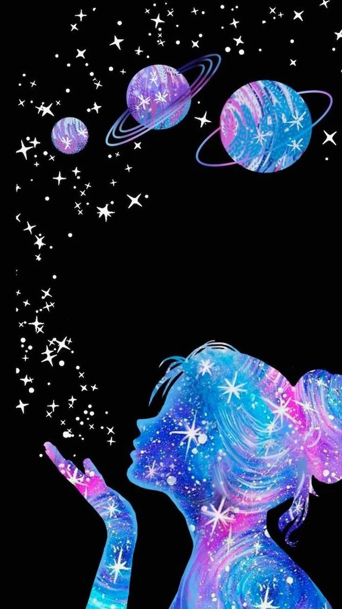 colorful silhouette of a girl with hair in a bun, blowing stars towards planets, space wallpaper hd, black background