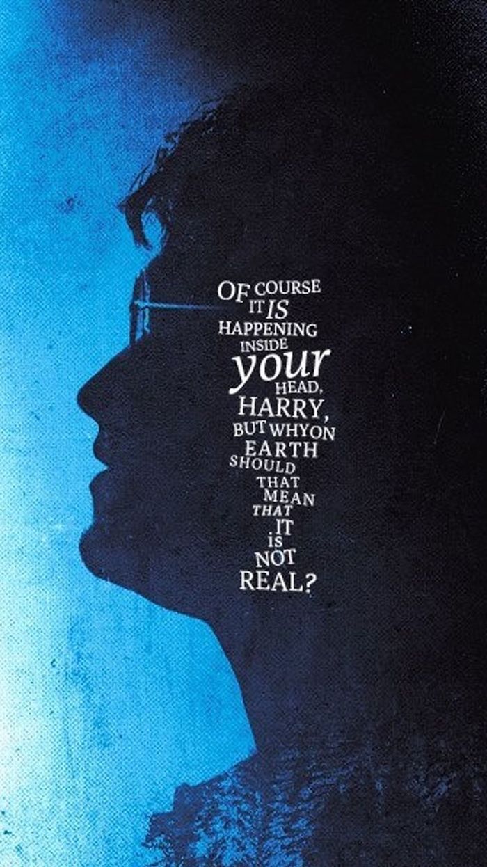 outline of daniel radcliffe as harry potter, hogwarts wallpaper, famous quote written over it, dark blue aesthetic