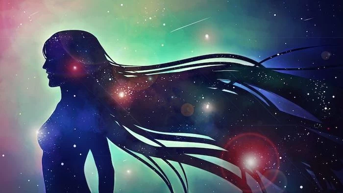 cartoon silhouette of a woman, galaxy behind her in turquoise blue and black, cool galaxy backgrounds, sky filled with stars