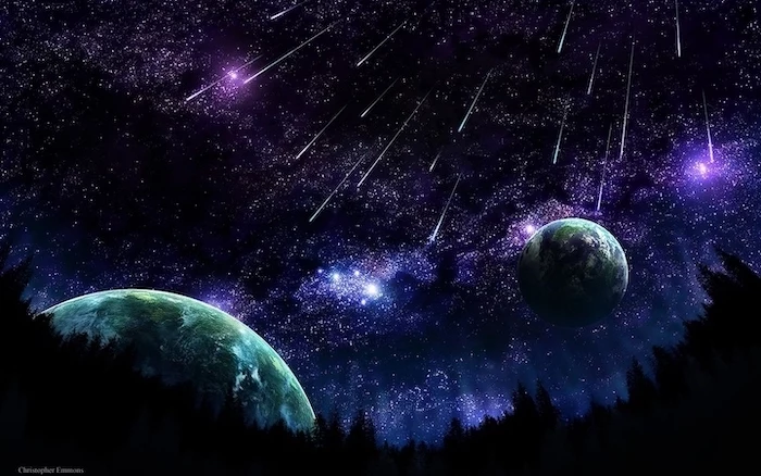 cartoon image of two planets, cool galaxy backgrounds, shooting stars in a galaxy sky, above a forest landscape