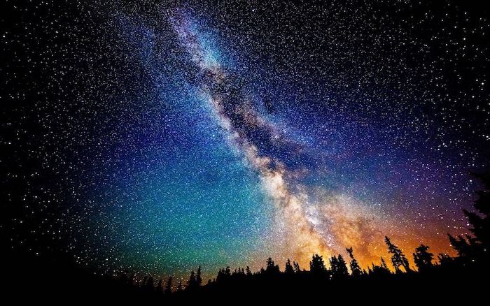 dark forest landscape with tall trees, cool galaxy backgrounds, sky filled with stars, galaxy in black blue and orange
