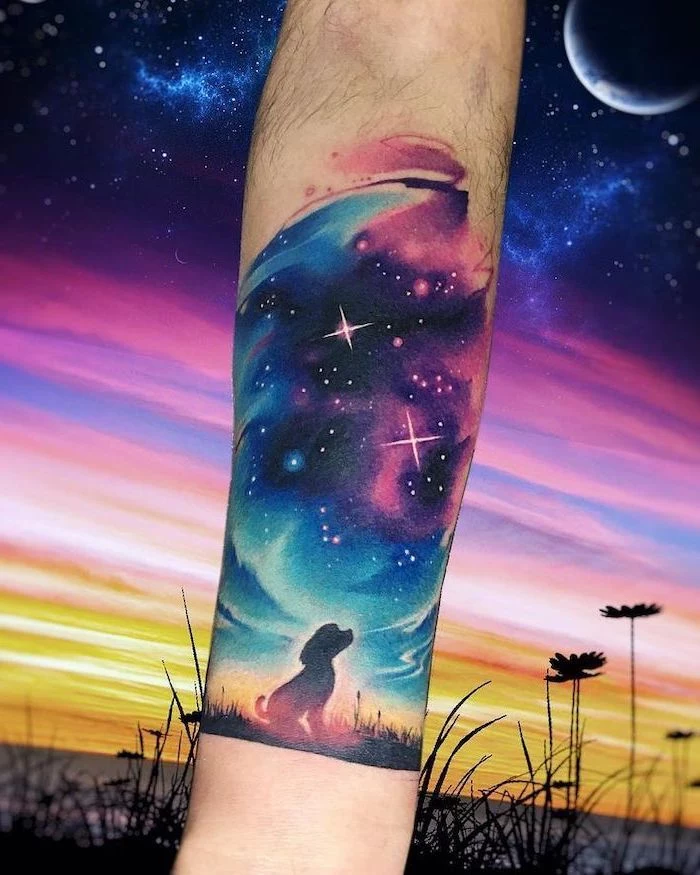 forearm tattoo, dog looking up at a galaxy, blue and purple galaxy with stars, watercolor tattoo, space tattoo sleeve