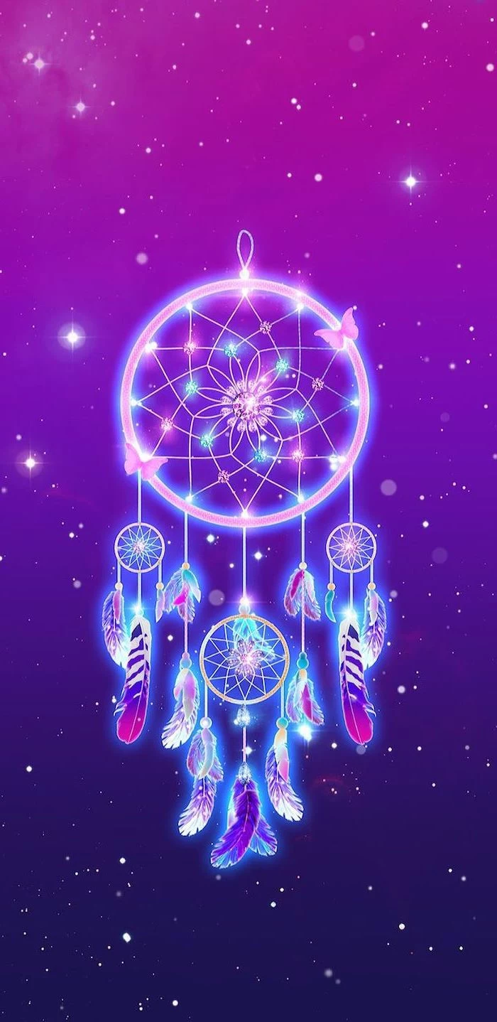 coloful dreamcatcher in the middle, 2k wallpapers, pink and purple background with stars, galaxy computer wallpaper