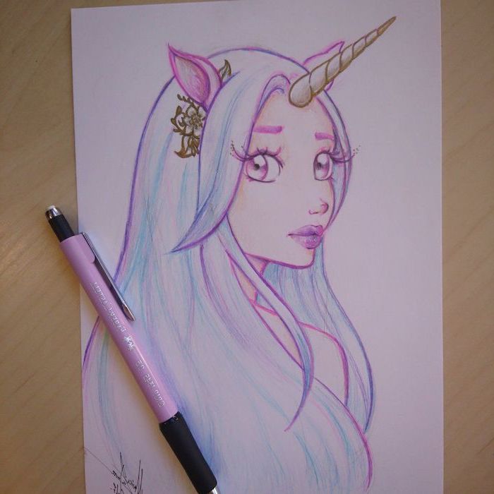 drawing of a girl with blue har, unicorn horn on her head, how to draw a unicorn step by step, drawn on white background