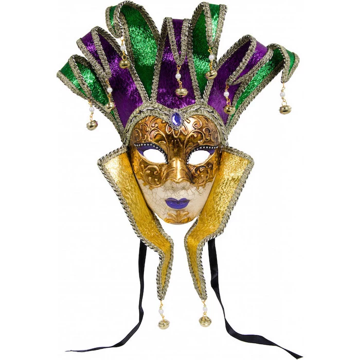 female mask in gold purple and green, black masquerade mask, bells at the end, lips painted in purple