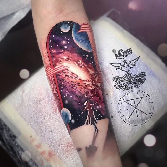 girl opening a door to the universe, outer space tattoo, milky way galaxy with planets and stars, forearm tattoo