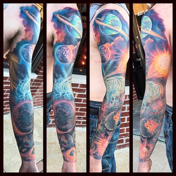 four side by side photos of whole sleeve tattoo, milky way galaxy planets and sun, outer space tattoo
