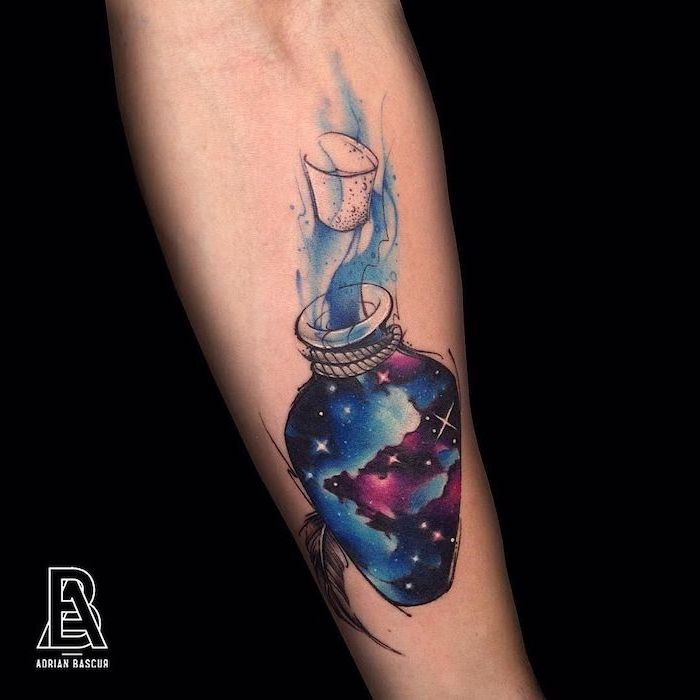 galaxy tattoo sleeve, forearm tattoo, jar filled with a galaxy, cork opened, galaxy coming out of it, watercolor tattoo