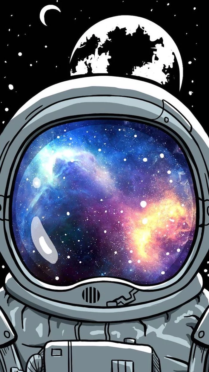 cartoon image of an astronauts visor, 2k wallpapers, colorful galaxy in it, black background with earth and moon