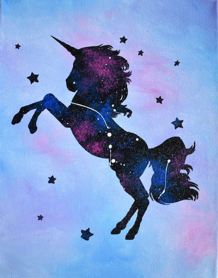how to draw a cute unicorn, painting of a galaxy unicorn, painted on blue and pink background, stars everywhere