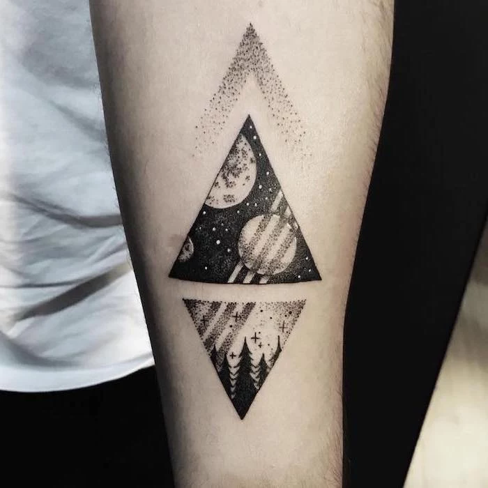 two triangles, one with planets and stars, other with forest landscape, galaxy tattoo sleeve, black and white forearm tattoo