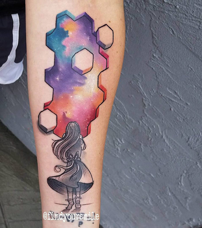 girl with dress and long hair, looking up at a galaxy, space tattoo sleeve, forearm tattoo in blue pink and purple