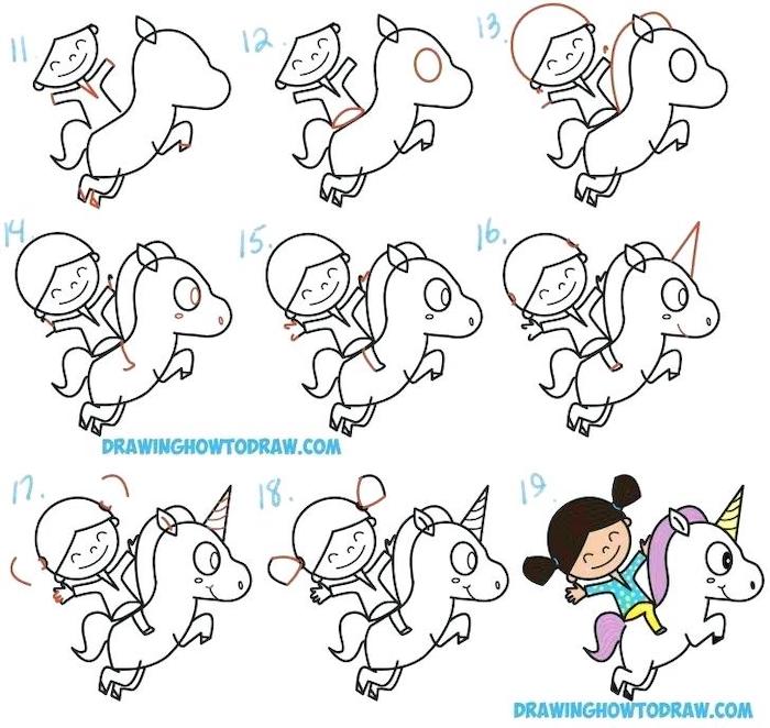 nine more steps from tutorial, girl riding a unicorn, how do you draw a unicorn, drawn on white background