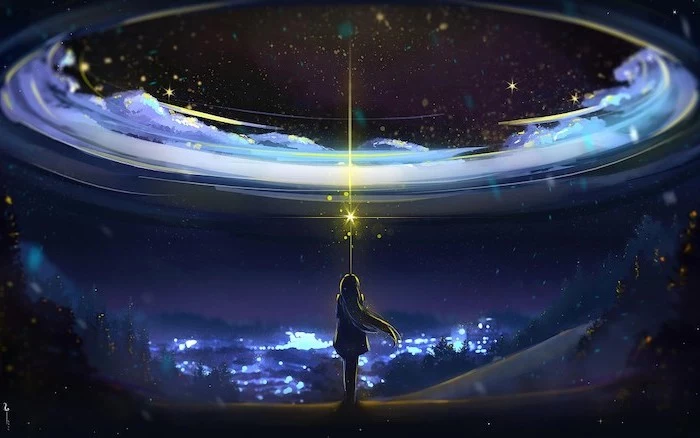 cartoon image of a girl shining a light at the sky, galaxy phone wallpaper, portal to the galaxy in dark aesthetic