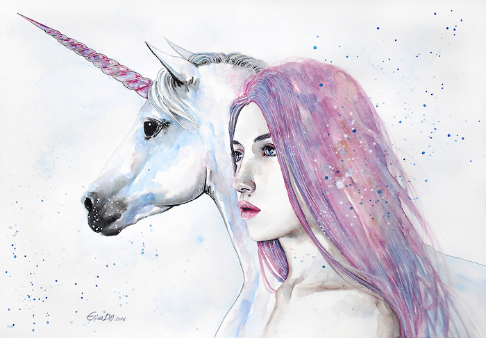 watercolor painting of unicorn and woman, unicorn drawing easy, woman with pink and blue hair, pink and blue unicorn horn