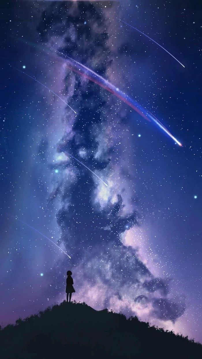 girl standing on top of a hill, shooting stars in the sky, space wallpaper iphone, purple and blue colors in the sky