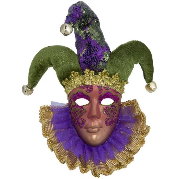gold masquerade mask, jester mask in purple green and gold, bells at the end, decorated with pink and green glitter