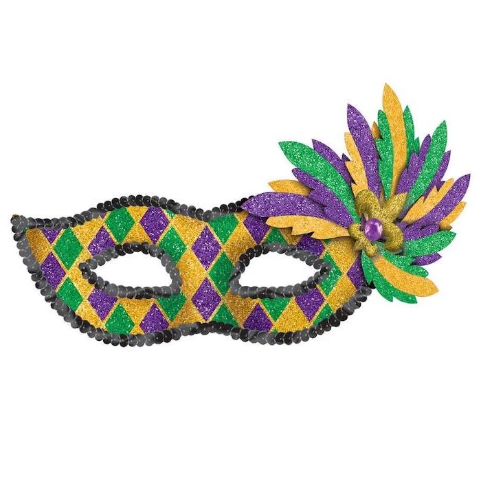purple gold and green glitter mask, gold masquerade mask, decorated with black sequins around the edges