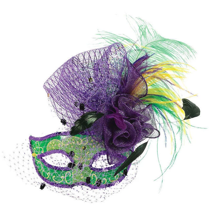 green mask, decorated with gold, male masquerade masks, purple sequins around the edges, green and yellow feathers