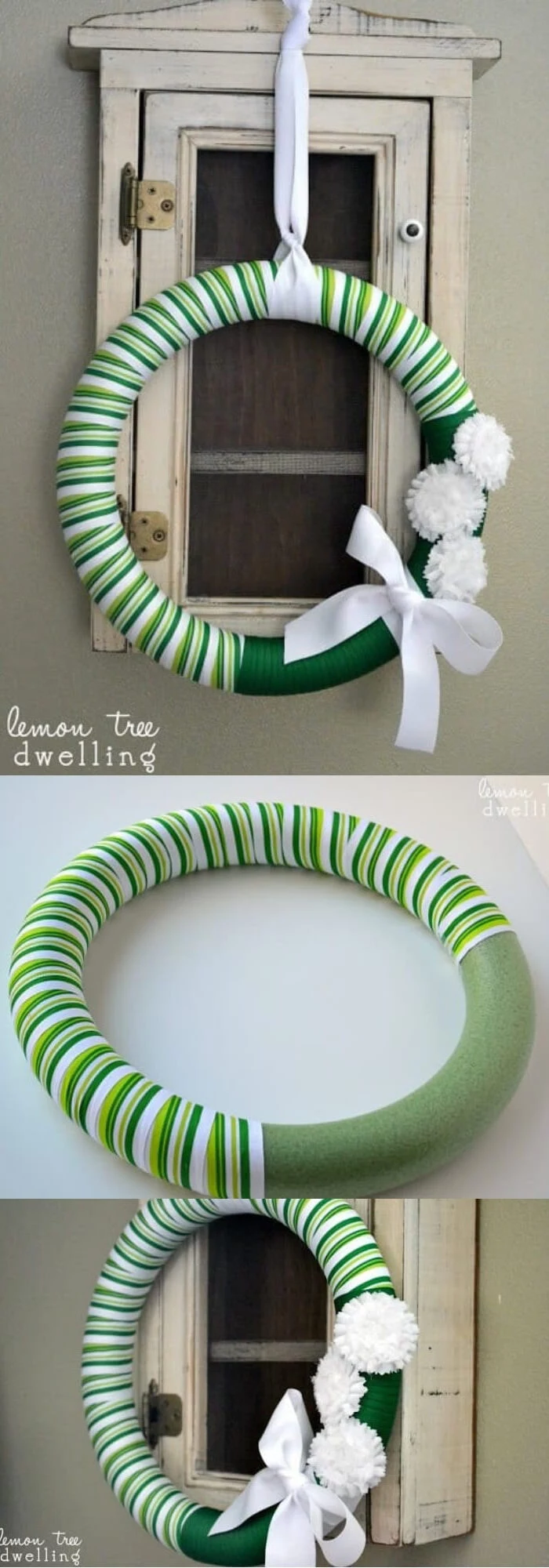 photo collage of step by step diy tutorial, wreath covered with green and white ribbon, st patricks decor