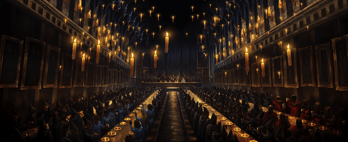 the great hall in hogwarts, harry potter background, students sitting along the tables, candles floating on the ceiling