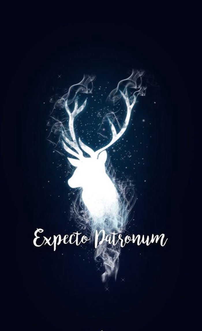 expecto patronum, stag patronus in white, harry potter wallpaper, dark blue background