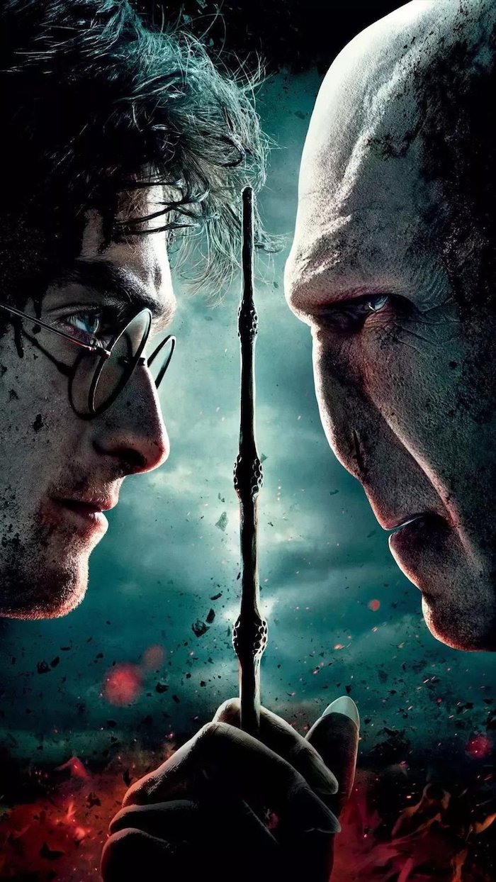 harry potter and voldemort facing each other, harry potter wallpaper, elder wand between them, movie poster