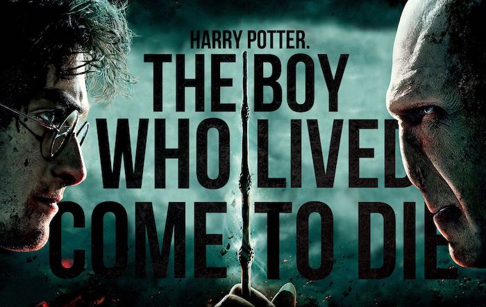 the boy who lived come to die, harry potter and voldemort facing each other, harry potter background, elder wand between them