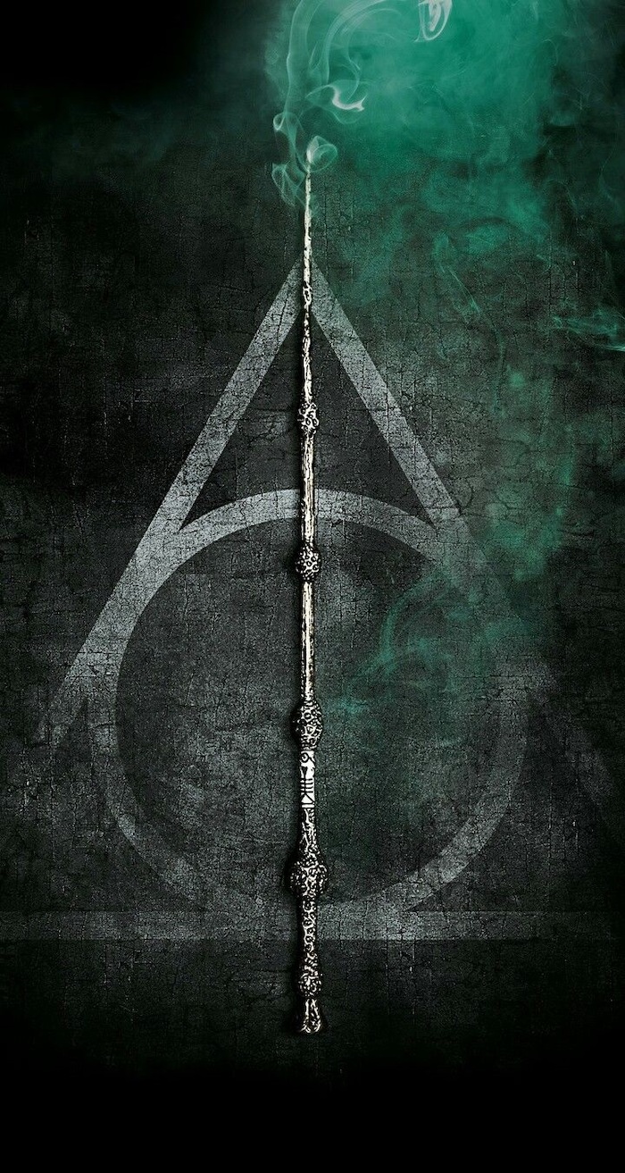 symbol of the deathly hallows, elder wand in the middle, harry potter wallpaper, black background