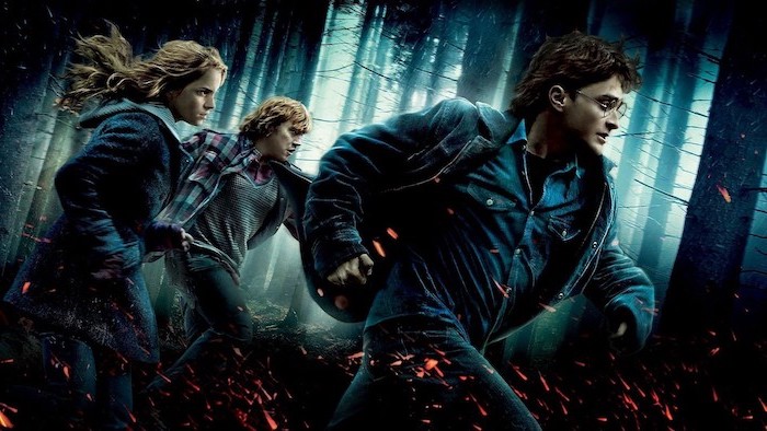 harry ron and hermione running in the woods, harry potter background, the deathly hallows movie poster