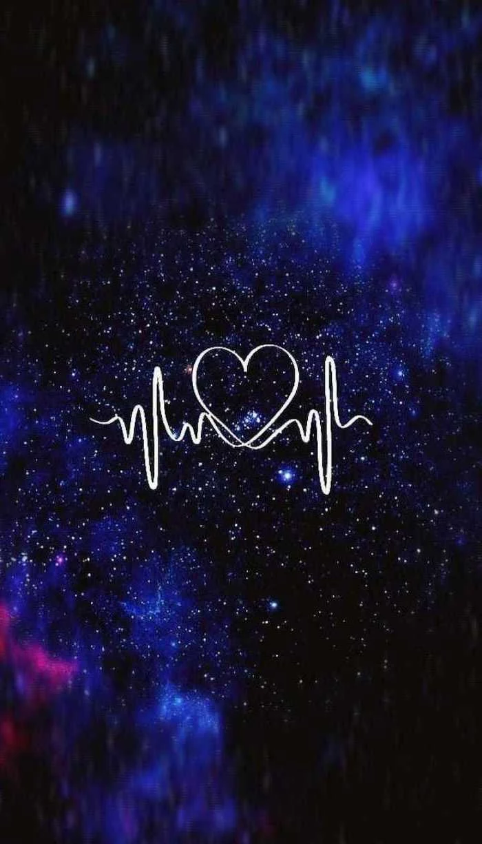 heart and heartbeat in the middle, 2k wallpapers, dark aesthetic background, blue black and pink colors