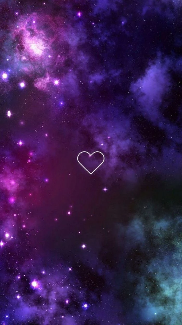 white heart outline in the middle, galaxy in the background in purple pink and turquoise, universe wallpaper, sky filled with stars