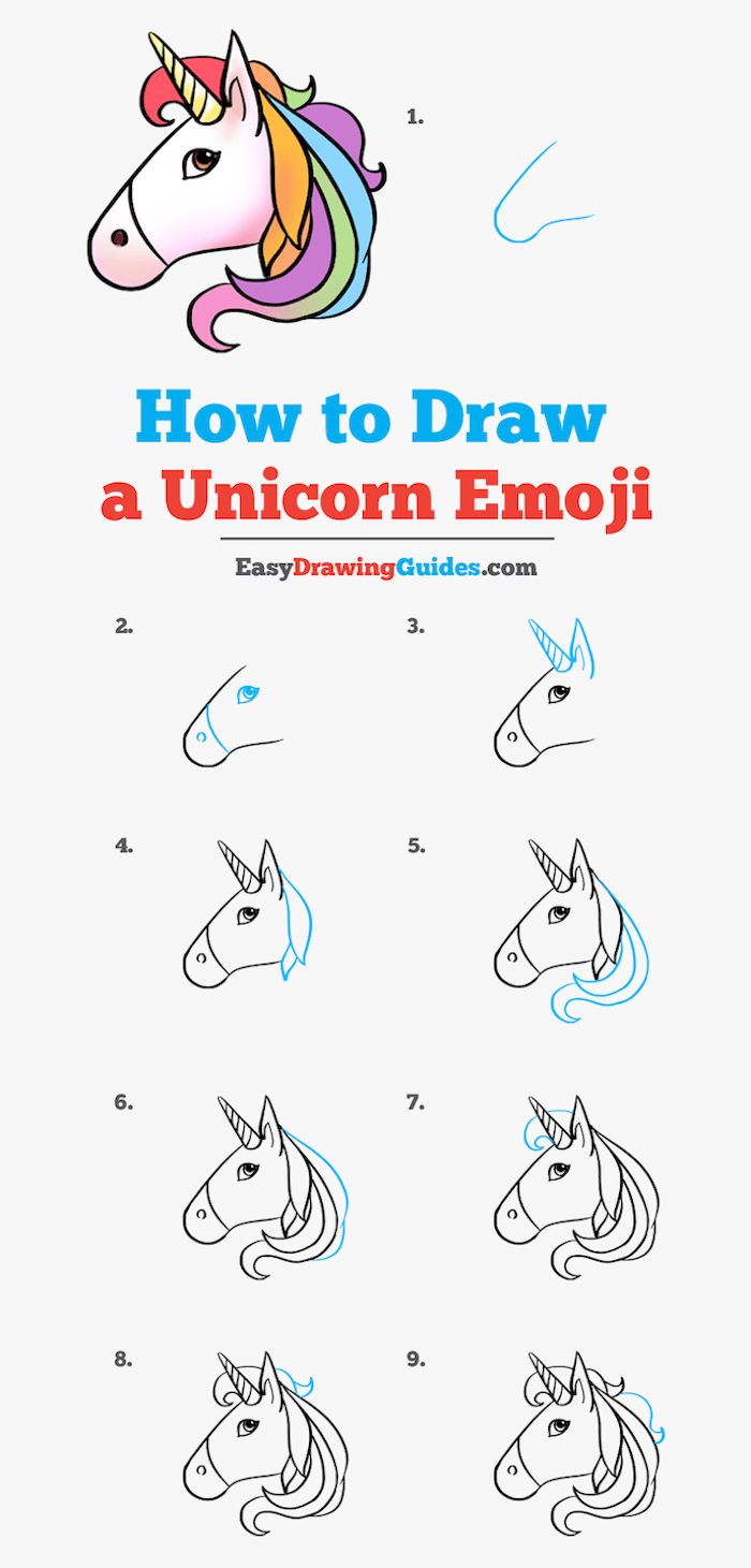how to draw a unicorn emoji, step by step diy tutorial, how do you draw a unicorn, nine step drawing tutorial