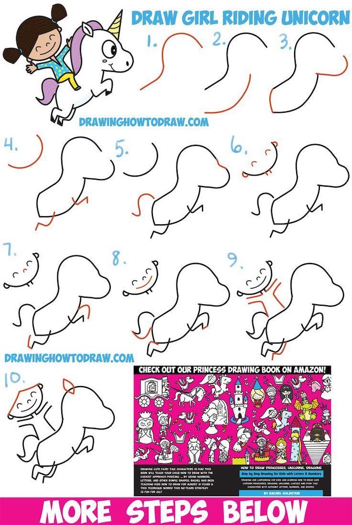 step by step diy tutorial, how do you draw a unicorn, first ten steps of the tutorial, girl riding a unicorn