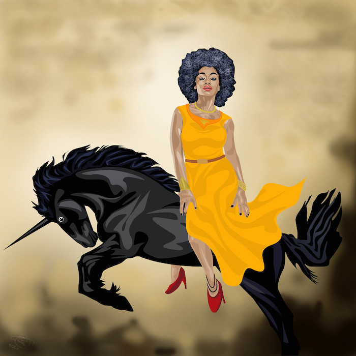 woman wearing a yellow dress, red shoes, riding a black unicorn, unicorn drawing easy, painting on brown background