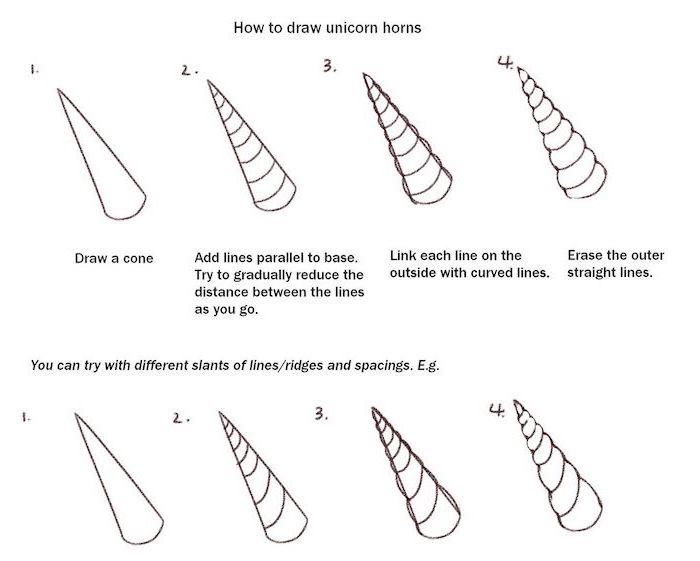 how to draw unicorn horns in two different ways, how to draw a unicorn girl, step by step tutorial in four steps