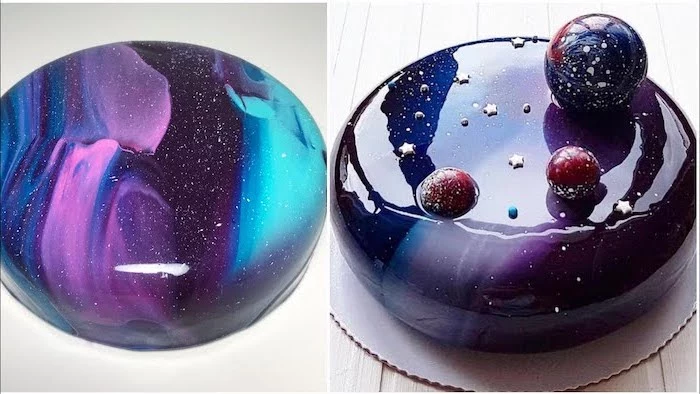 side by side photos of two galaxy cakes, how to make glaze for cake, decorated with blue and purple glaze
