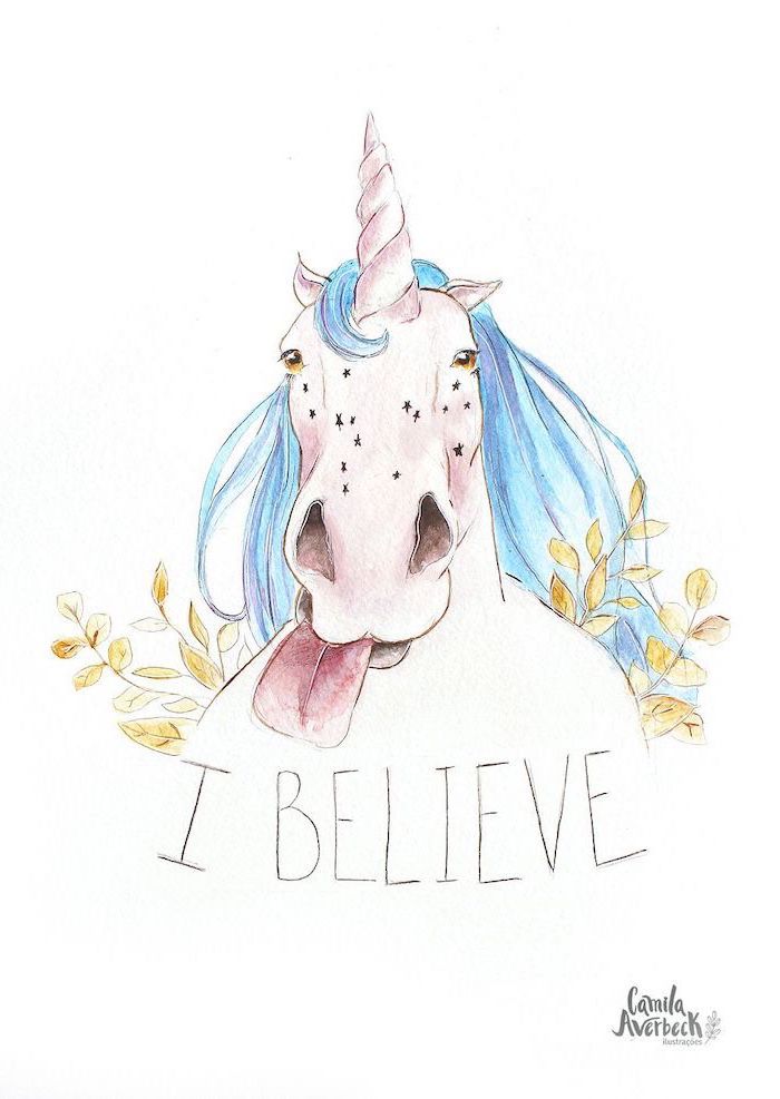 pencil drawing of a unicorn sticking its tongue out, blue mane, i believe written underneath, unicorn drawing easy