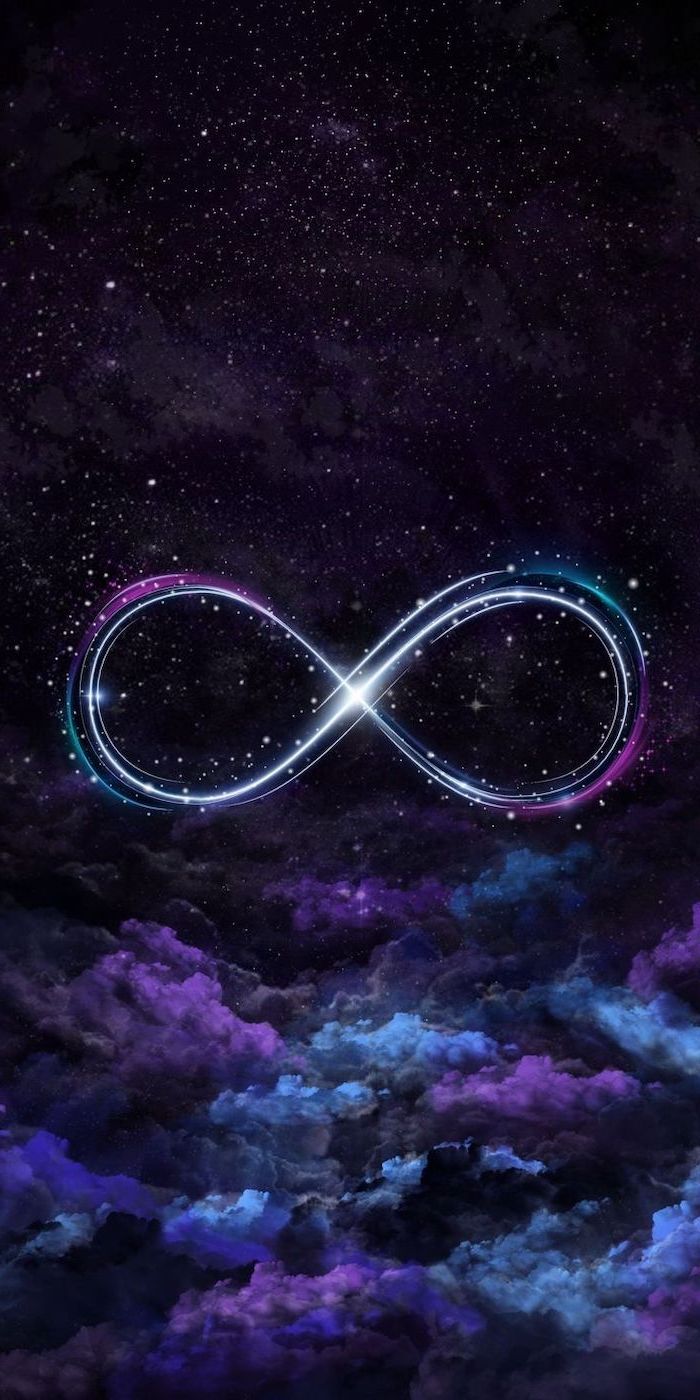 infinity sign in the middle, sky filled with stars, universe wallpaper, dark galaxy background in black purple and blue