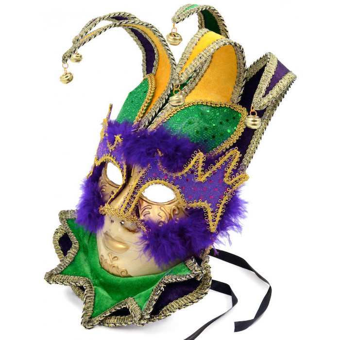jester mask in gold purple and green, decorated with purple feathers, male masquerade masks, bells at the end