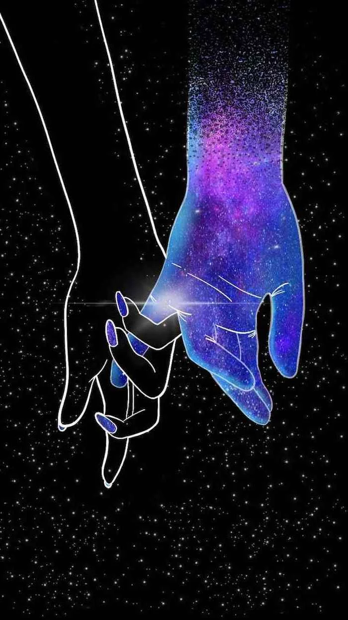 silhouettes of man and womans hands, universe wallpaper, black background filled with white stars