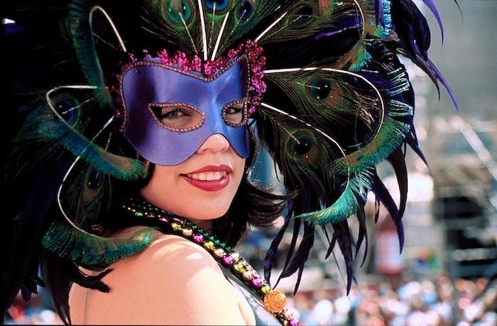 purple mask decorated with pink rhinestones, male masquerade masks, large and long dark purple and green peacock feathers