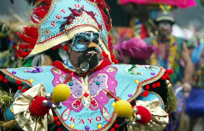 masquerade decorations, man dressed in a colorful costume, decorated with red tassels and pom poms