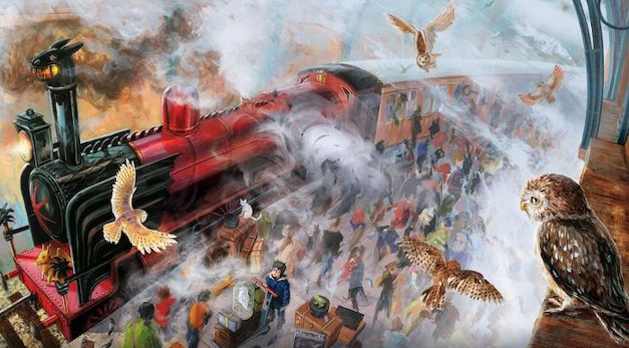 painting of hogwarts express, platform nine and three quarters, cute harry potter wallpapers, students and owls on the platform
