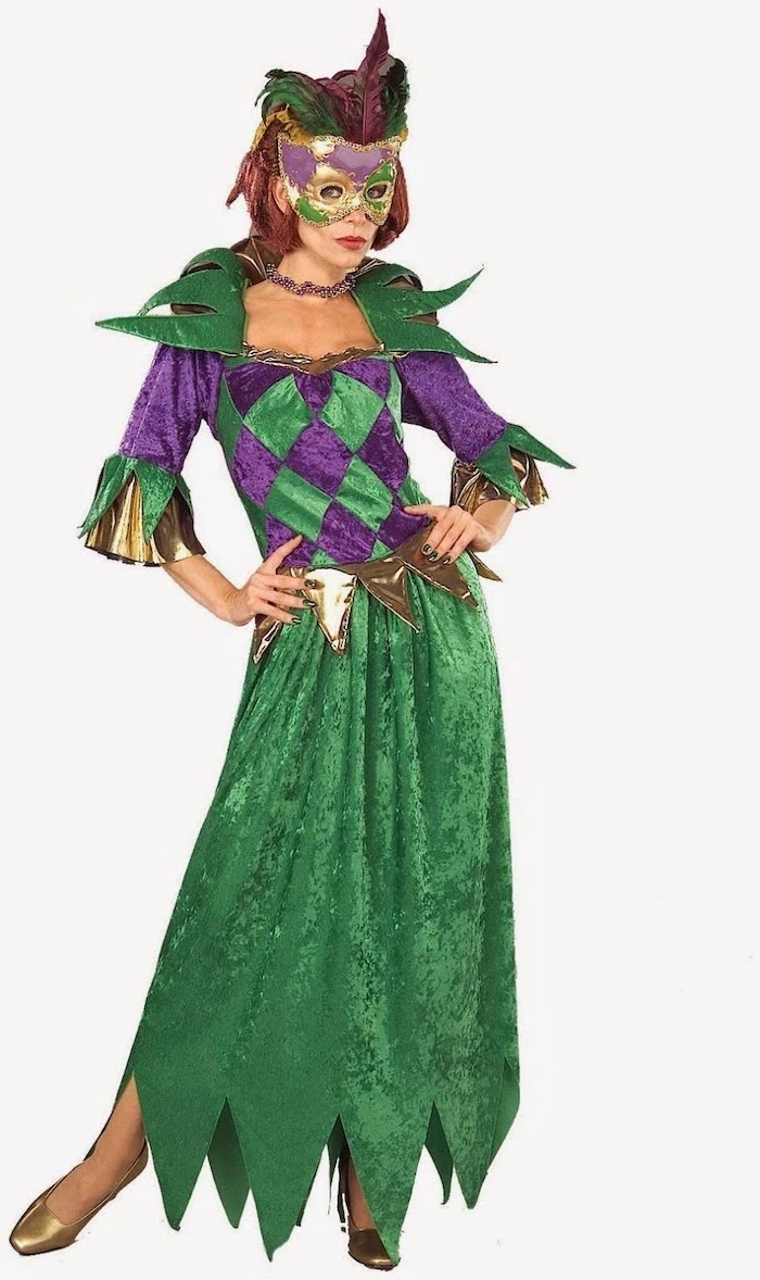 woman wearing velvet green and purple dress, gold shows and sleeves, masquerade decorations, mask with feathers