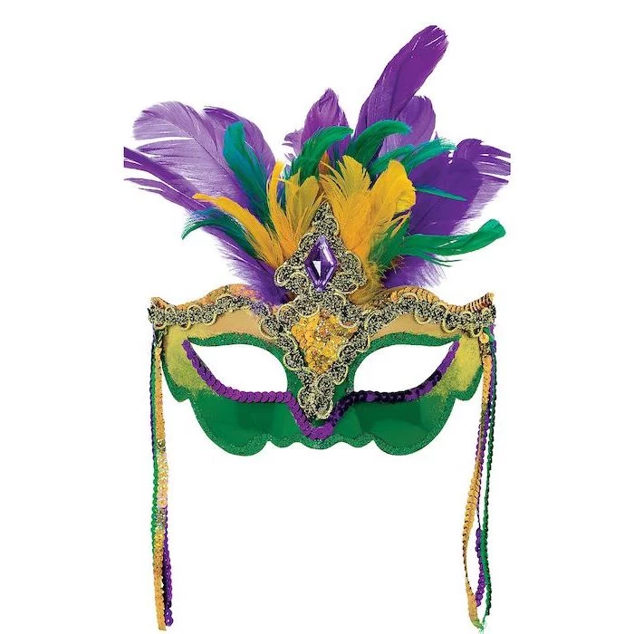 gold and green mask, purple sequins decorations, purple green and gold feathers, masquerade party masks